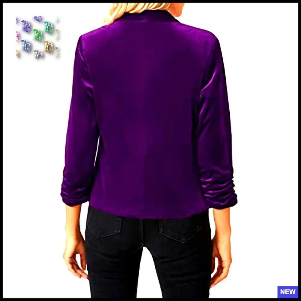 Velvet Blazer 3/4 Ruched Sleeve Shawl Lapel Open Front Chic Business Casual